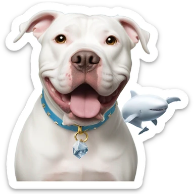 White pitbull with a collar that spells out Ice next to beluga whale  sticker