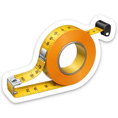 Flat vector illustration of a rolled measuring tape in yellow and orange color, simple bold outlines, minimal shading, emoji style, centered on white background. sticker