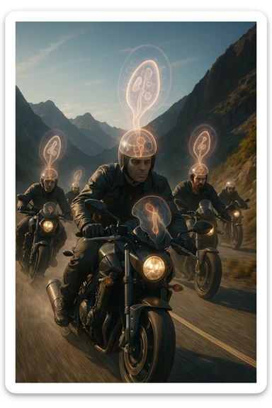 A group of motorcyclists riding aggressively along a winding mountain road at high speed. Their expressions are eerily calm and fearless. Faint, translucent parasite-like forms (symbolizing Toxoplasma gondii) overlay their heads or brains, emitting a subtle glow. sticker