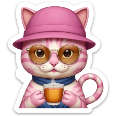 Pink cat with hat, holding cup of tea, wearing sunglasses sticker