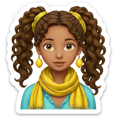brown-skinned girl, bohemian, long curly brown hair in a ponytail, lemon yellow scarf, round earrings sticker