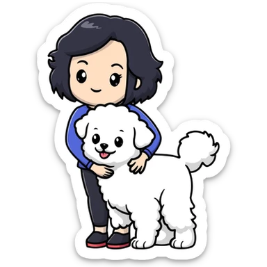 woman with long black hair holding white fluffy Bichon Frise dog sticker
