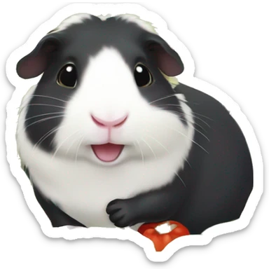 Guineapig playing on a pile of veggies and fruit with a piece of cucumber in his mouth sticker