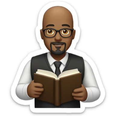 Bald head black professor with a goatee and glasses holding a book giving oratory. sticker