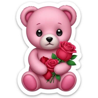 Cute pink teddy bear with sad puppy dog eyes holding roses  sticker