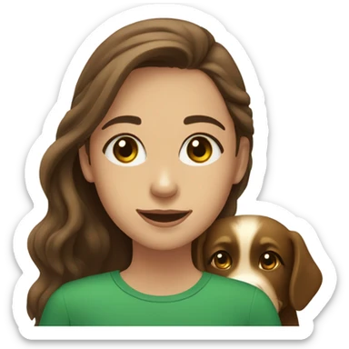 Girl with brown hair and green brown eyes next to a black golden retriever sticker