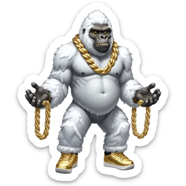 Snow elemental shaped more like a gorilla—think tall, jointed limbs, maybe even facial expressions made of snow flaunting money wearing gold rope chain with jacket and Jordan sneakers sticker