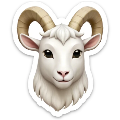 Cinematic Noble White Goat Portrait Emoji, Poised and regal, with a sturdy, agile build and a pristine, smooth white fur accented by gracefully curved horns, deep-set soulful dark eyes, Simplified yet sharp and sophisticated features, highly detailed, glowing with a soft, dignified glow, high shine, intelligent and spirited, stylized with an air of pastoral elegance, focused and attentive, soft glowing outline, capturing the essence of a watchful and confident goat, so majestic it feels as though it could leap out of the screen with effortless authority! sticker