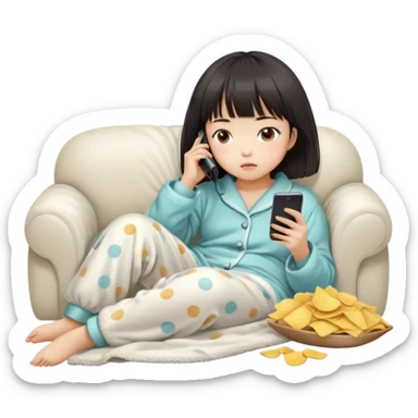 Cute East Asian girl, soft fair skin, straight bangs, messy inward bob. Wearing fluffy pajamas, lying on couch under blanket, holding chips and phone, expression blank and tired. sticker