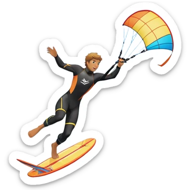 An athlete in a wetsuit riding a kiteboard, soaring over the waves with the kite high in the sky. The background features a vibrant blue sky and crashing ocean waves, capturing the thrill and freedom of kitesurfing in dynamic motion. sticker
