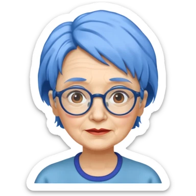 old lady with blue hair, wearing glasses, slight curl short hair sticker
