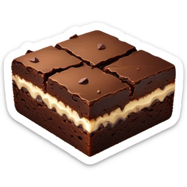 Cinematic Realistic Brownies, rich and dense with a deep chocolate hue, slightly cracked on top revealing the fudgy center, soft light reflecting off the warm surface, a few crumbs scattered around, glowing with an indulgent and comforting texture. sticker