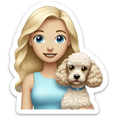 Blonde girl with blue eyes holding poodle with brown and white hair sticker