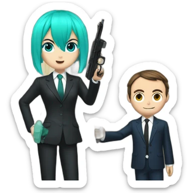 Miku points a fake gun to macron sticker