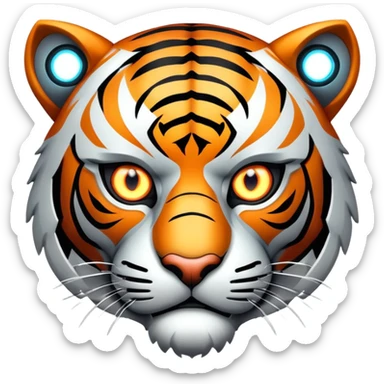 cyborg tiger face with robotic parts and glowing eye for Twitch emote sticker