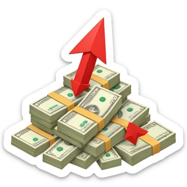 a pile of money with red arrow up sticker