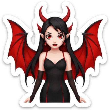 demon girl, skin red , black long hair, small horns, bat wing, black open-back dress, bold black outlines, red+black palette sticker