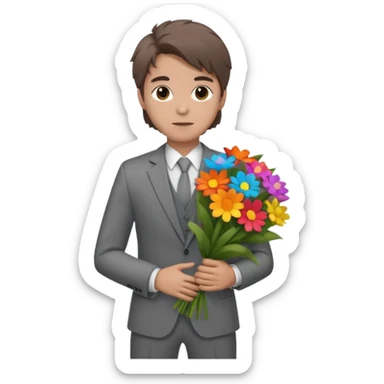 Chico blanco, traje gris , pelo castaño revuelto,cuerpo entero ramo de flores sticker