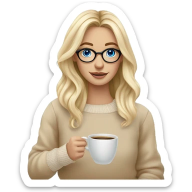 Blonde balayage long hair white women beige sweater blue eyes and small glasses holding coffee sticker