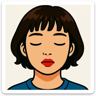 A young Asian woman with short, dark brown hair with bangs, neutral facial expression, closed eyes, vibrant red lips, light beige skin tone, close-up portrait, plain white background, cartoon-like and stylized, bright and saturated colors, even and flat lighting, neutral atmosphere, GPT image style. sticker