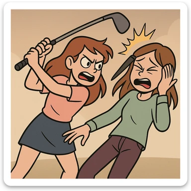 a dramatic scene of a girl hitting another girl with a golf club, stylized illustration sticker