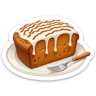 Delicate slice of pumpkin bread with cream cheese icing drizzle, styled on a dainty plate with a cinnamon sprinkle. sticker