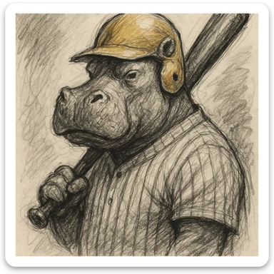 hippo holding a baseball bat, wearing a yellow helmet, pinstripes outfit sticker