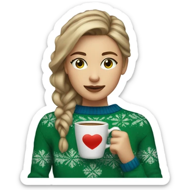 Light brown short haired girl with green eyes drinking coffee wearing blue Christmas sweater sticker