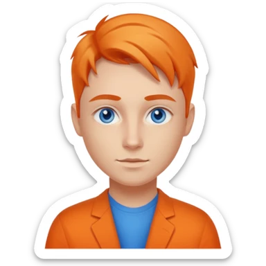 A young UX UI designer with blue eyes and semi orange side part sticker