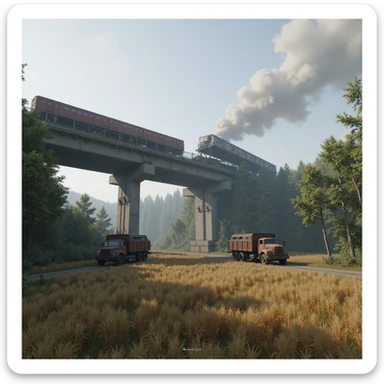  a screenshot of a location in a videogame  the image of the scene consists of:  [above-ground train freeway partially collapsed], a wooded area, a small field of wheat. distant smoke. tall concrete walls, derelict vintage work trucks, more distant smoke. polluted and war-torn sticker