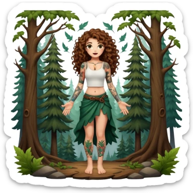 full body view of a woman with long curly brown hair, brown eyes, white skin, tattoos, shrugging with dramatic forest magic burst sticker