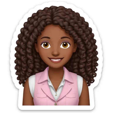 mujer morena, pelo rizado largo, sonriendo, con ojos grandes y marrones con camisa rosa palo y un chaleco blanco sticker