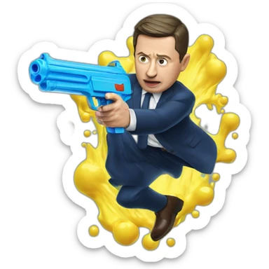 President Zelensky shoots from a water pistol sticker