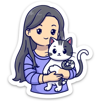 girl with long hair holding a cat with silver stripes sticker