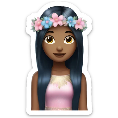 Fairy girl with straight long black hair, blue eyes, medium light skin, sparkly wings, a pink and blue dress and a flower crown and blue eyes sticker