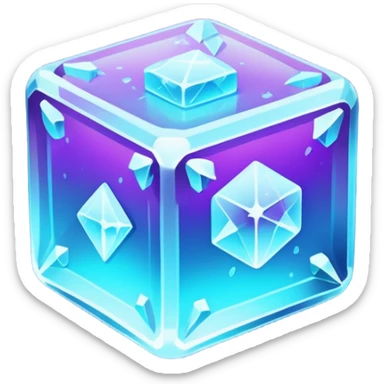 glowing ice crystal cube, icy neon cyan highlights, purple neon accents, dark background, digital tech style. sticker