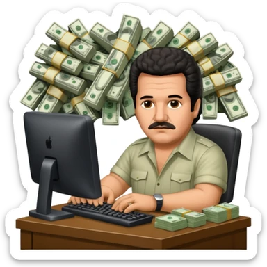 drug lord Pablo escobar using computer with money wallpaper as background sticker