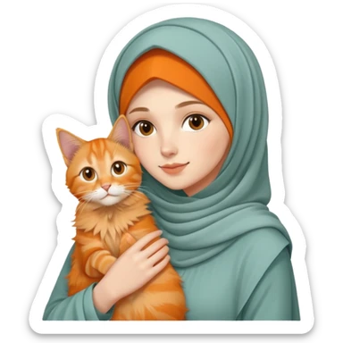 White girl wearing hijab holding orange mainecoon cat sticker