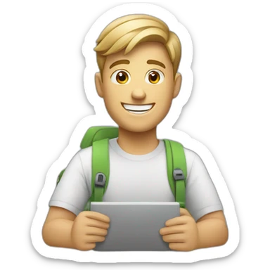 happy white male student with computer sticker