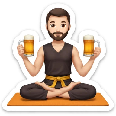 slavic guy with dark brown hair and beard, sitting in yoga pose on a mat, kung fu clothes, short dark hair, holding beer mugs in two hands, sitting sticker