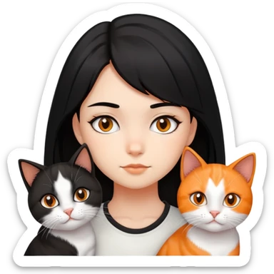 teenage girl with black hair with brown highlights with two cats that are tri-colored (black, orange, and white) sticker