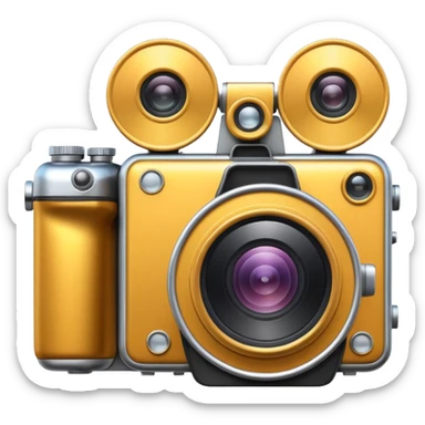 Minimal emoji icon of a huge cinematic metalic camera, front view, simple shapes, realistic lens,  sticker
