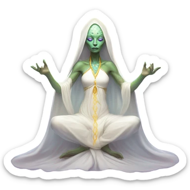 a Reptilian alien woman, white dress like a priestess, in meditation show aura sticker