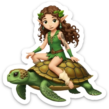 tiny forest elf long curly brown hair tattoos riding turtle sticker
