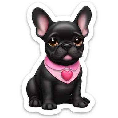 Solid black Frenchie pup with pink collar with a small heart sticker