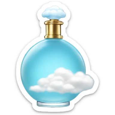 light blue round perfume bottle with large white cloud decoration at its base sticker