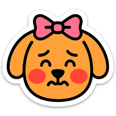 blushing, embarrassed dog with a ribbon on its head, soft colored filled and black outlined icon style sticker