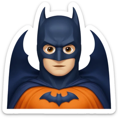 generate a batman emoji with just the face and neck showing and part of the cloak and and wings. Shade the mask in dark navy blue.  Shade the cloak in a solid vibrant orange. Shade the bat logo in a bright medium olive green. sticker