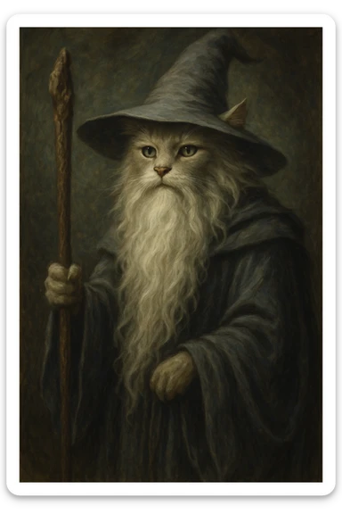 wizard cat in Gandalf style, with long beard and cloak sticker