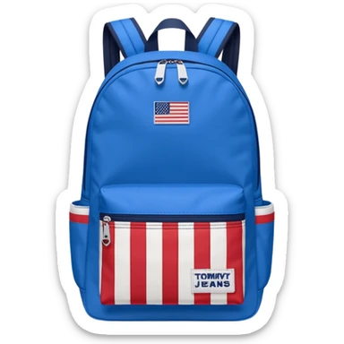 simple blue backpack, at the bottom pocket there is a  tommyjeans logo featuring a Tommy Jeans-inspired logo. The logo looks like a vertically-striped American flag in red, white, and navy. The flag stripes are vertical, not horizontal. Flat

 sticker
